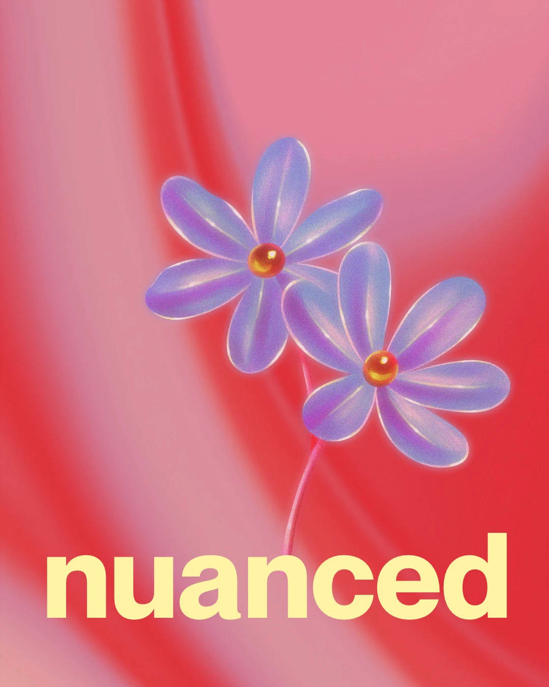 Two lilac flowers on a stem against a red and pink ground